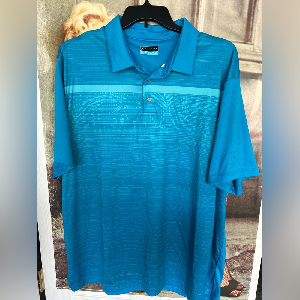 Men’s PGA Tour athletic fit golf shirt. Blue with palm tree print! Size XXL. EUC
